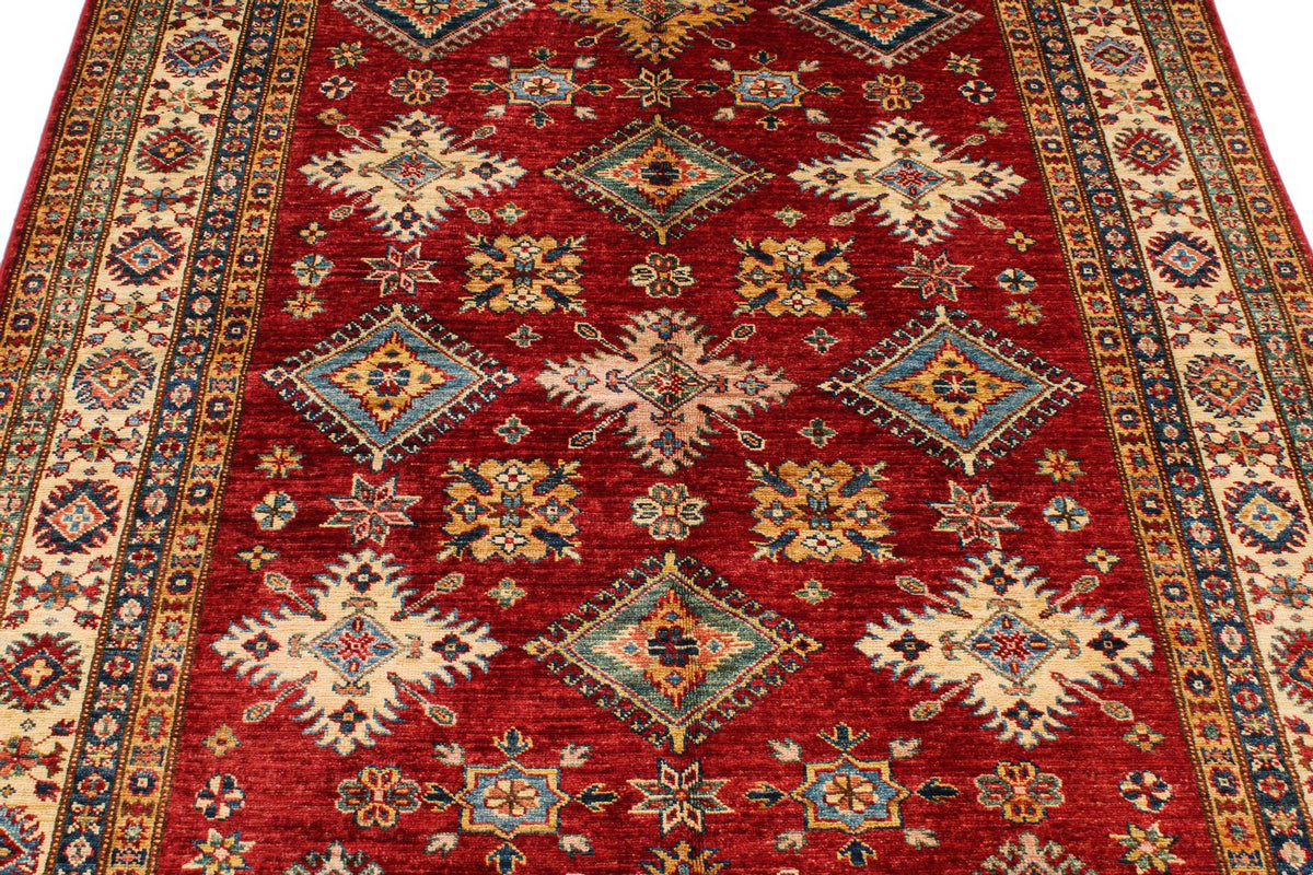 5x7 Red and Ivory Kazak Tribal Rug