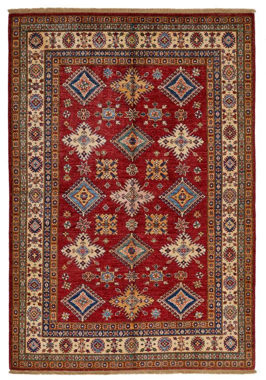 5x7 Red and Ivory Kazak Tribal Rug