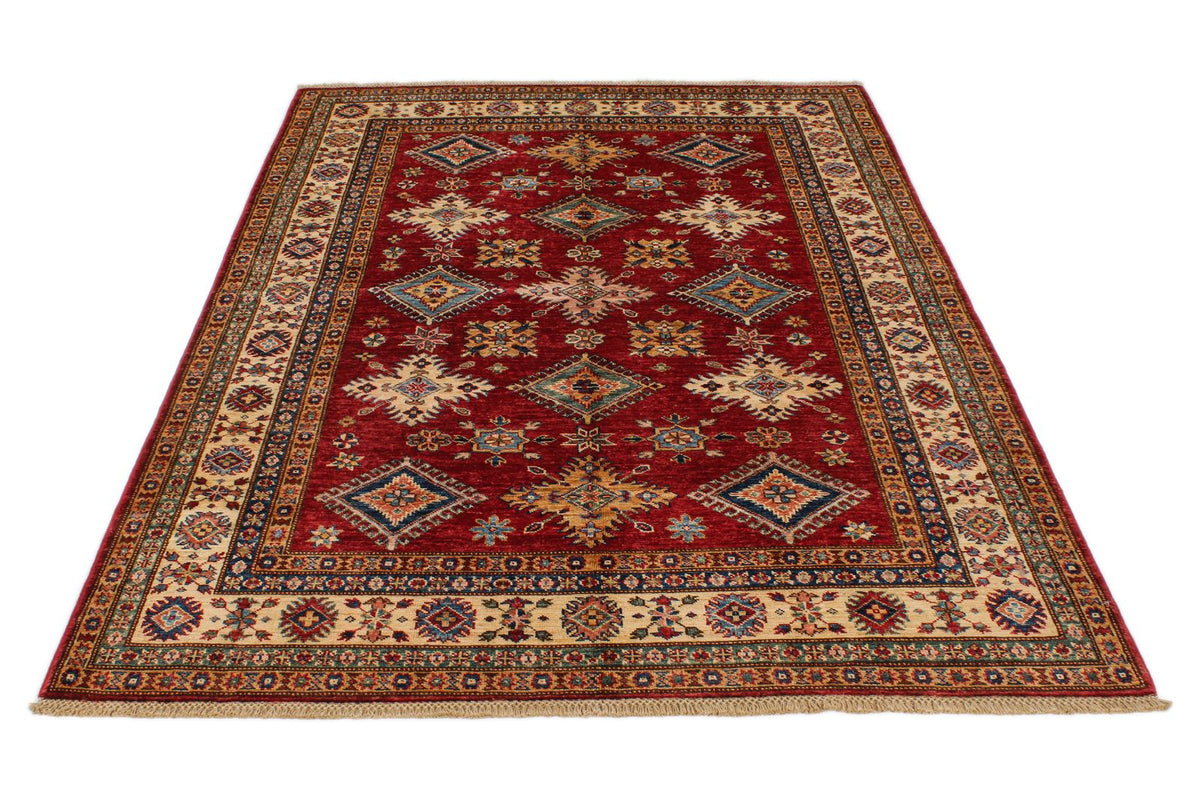 5x7 Red and Ivory Kazak Tribal Rug