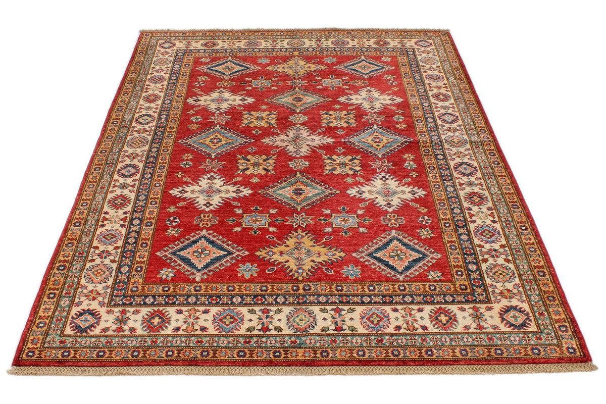 5x7 Red and Ivory Kazak Tribal Rug