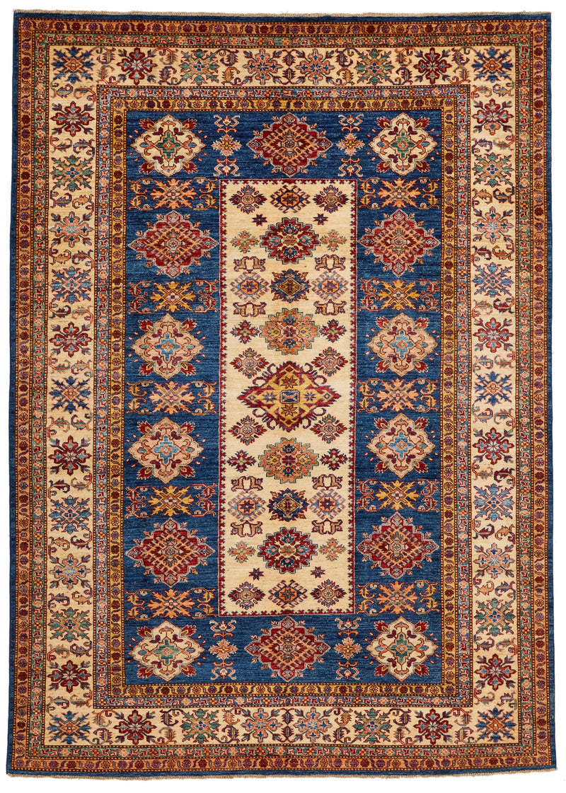 7x9 Blue and Ivory Kazak Tribal Rug