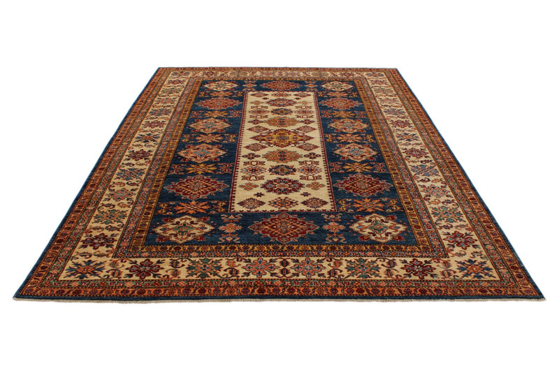 7x9 Blue and Ivory Kazak Tribal Rug