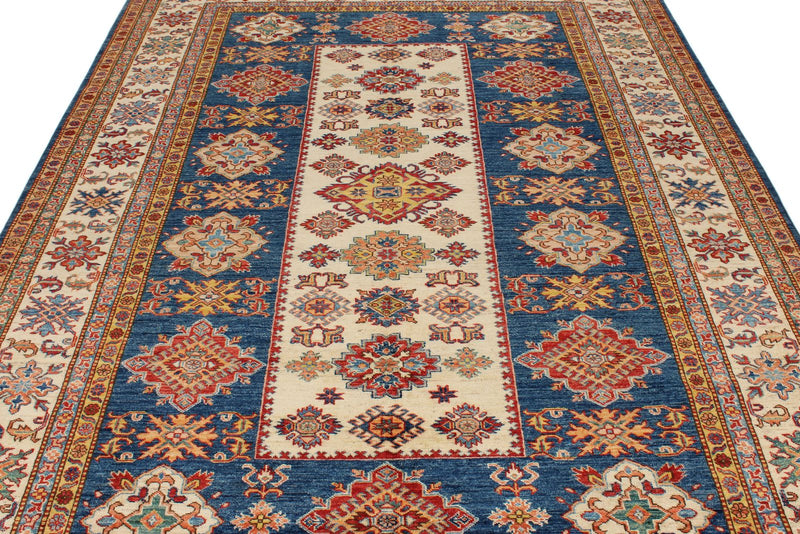 7x9 Blue and Ivory Kazak Tribal Rug