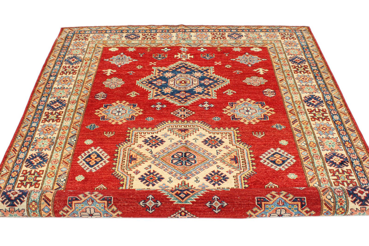 6x9 Red and Ivory Kazak Tribal Rug