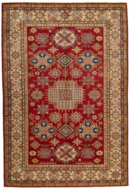 6x8 Red and Ivory Kazak Tribal Rug