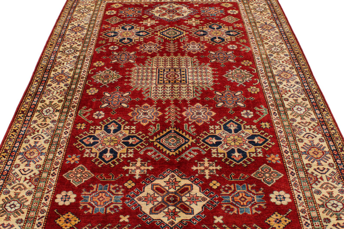 6x8 Red and Ivory Kazak Tribal Rug