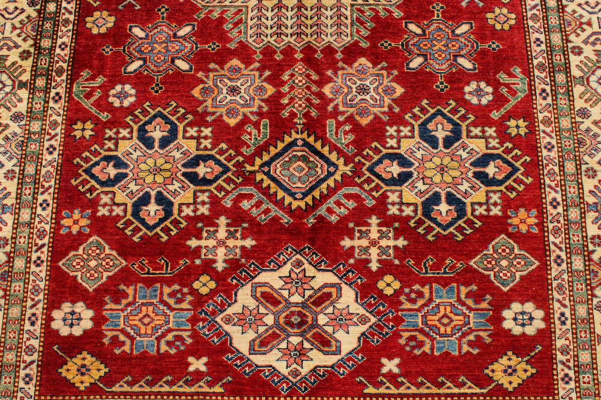 6x8 Red and Ivory Kazak Tribal Rug