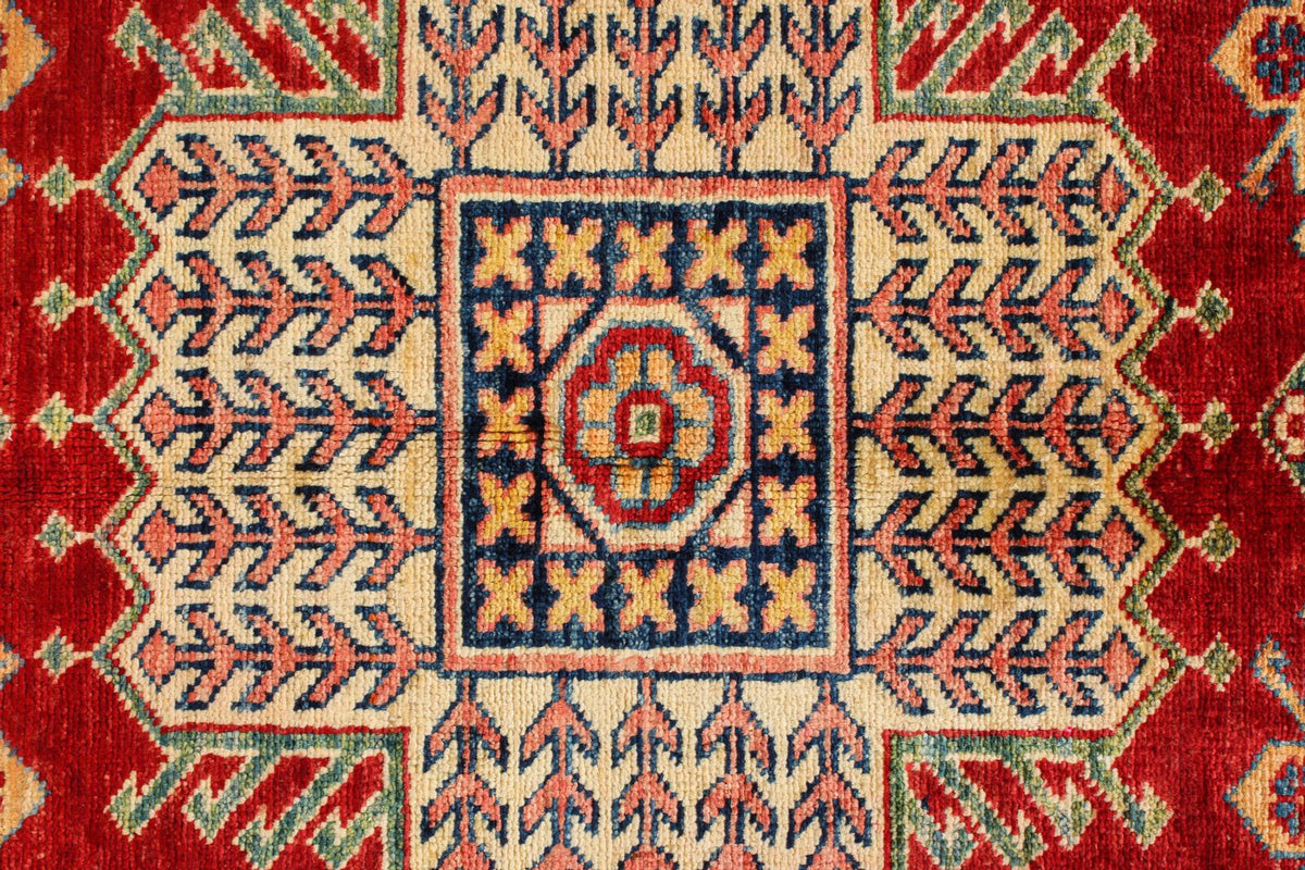 6x8 Red and Ivory Kazak Tribal Rug