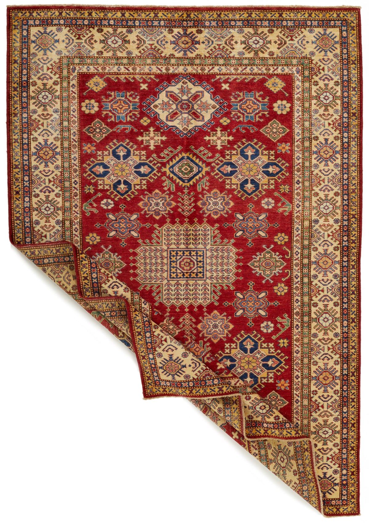 6x8 Red and Ivory Kazak Tribal Rug