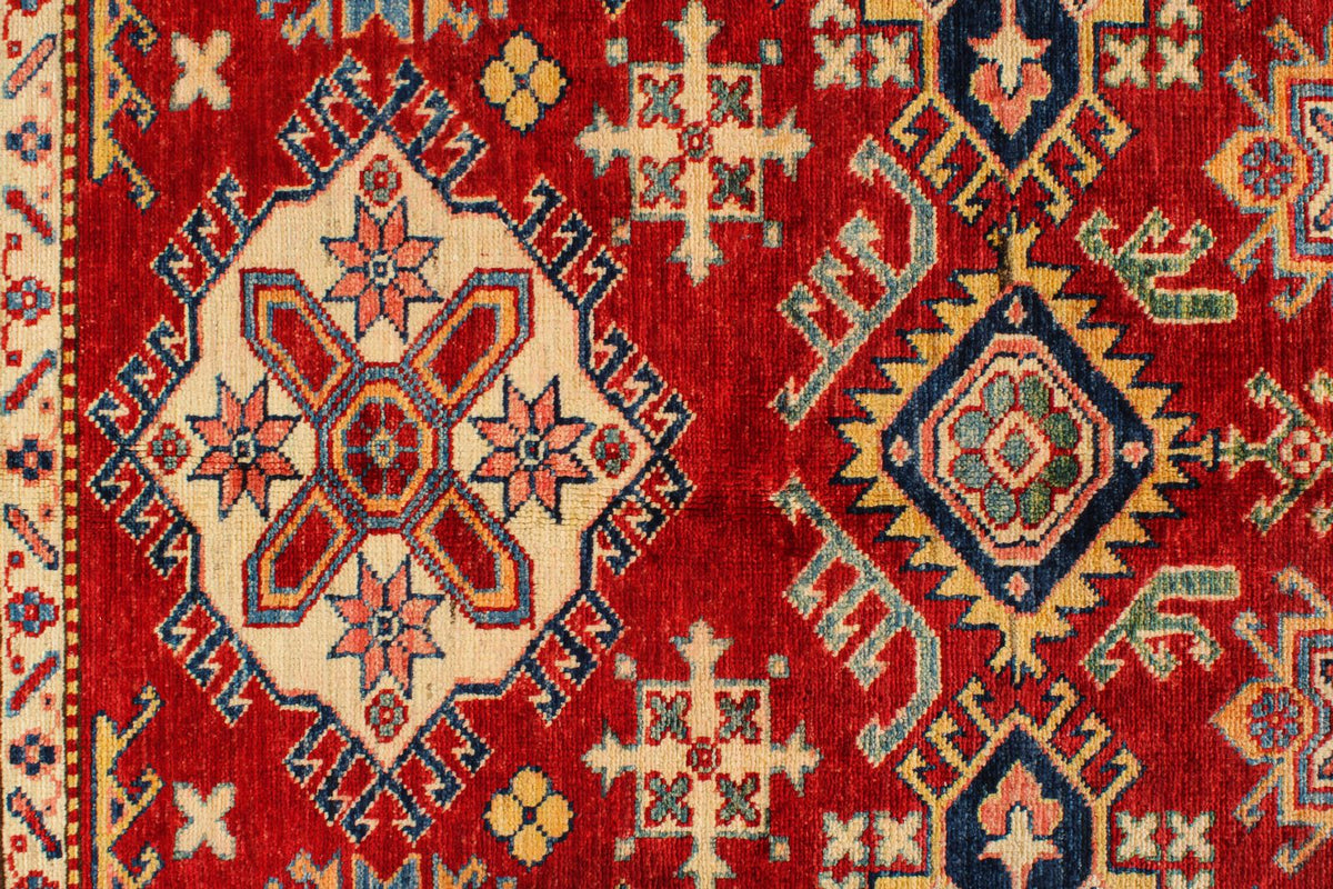 6x8 Red and Ivory Kazak Tribal Rug