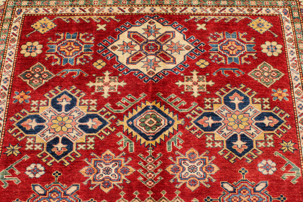 6x8 Red and Ivory Kazak Tribal Rug