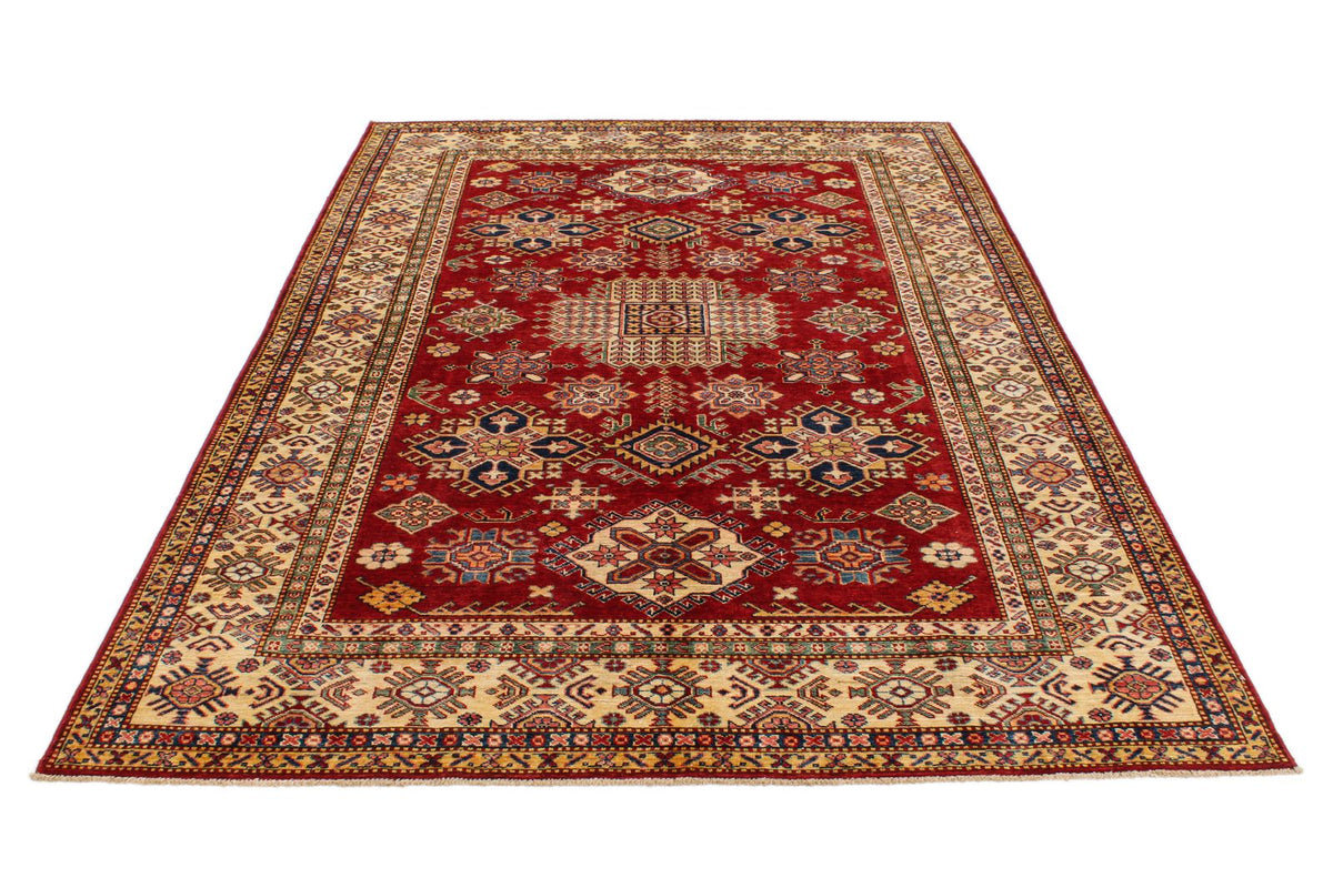 6x8 Red and Ivory Kazak Tribal Rug