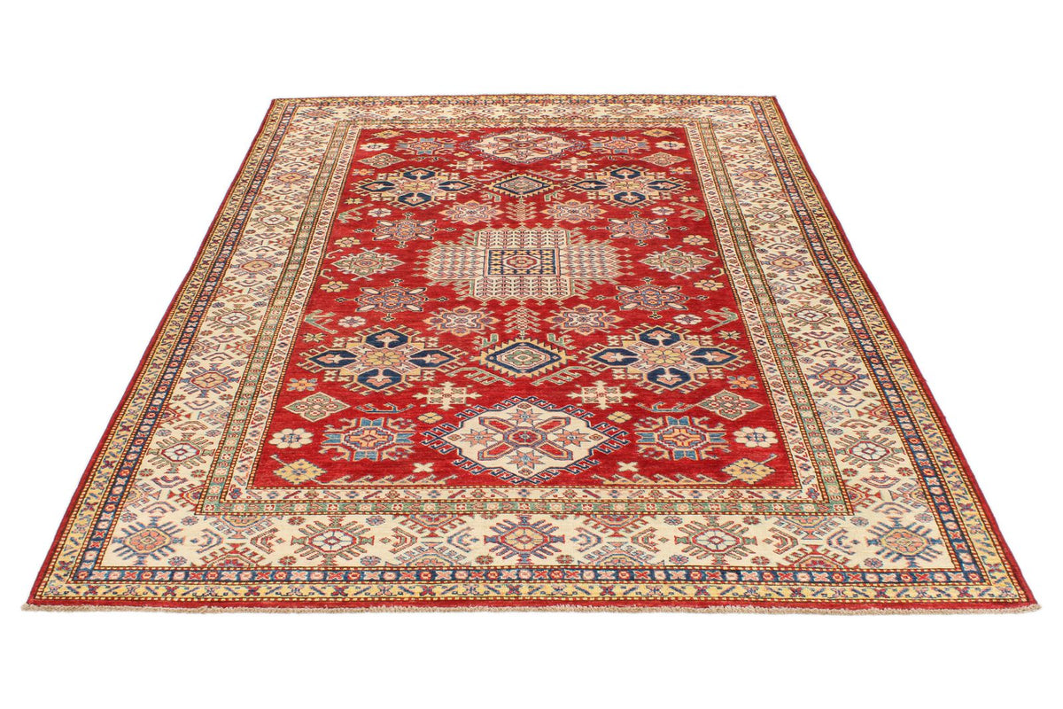 6x8 Red and Ivory Kazak Tribal Rug