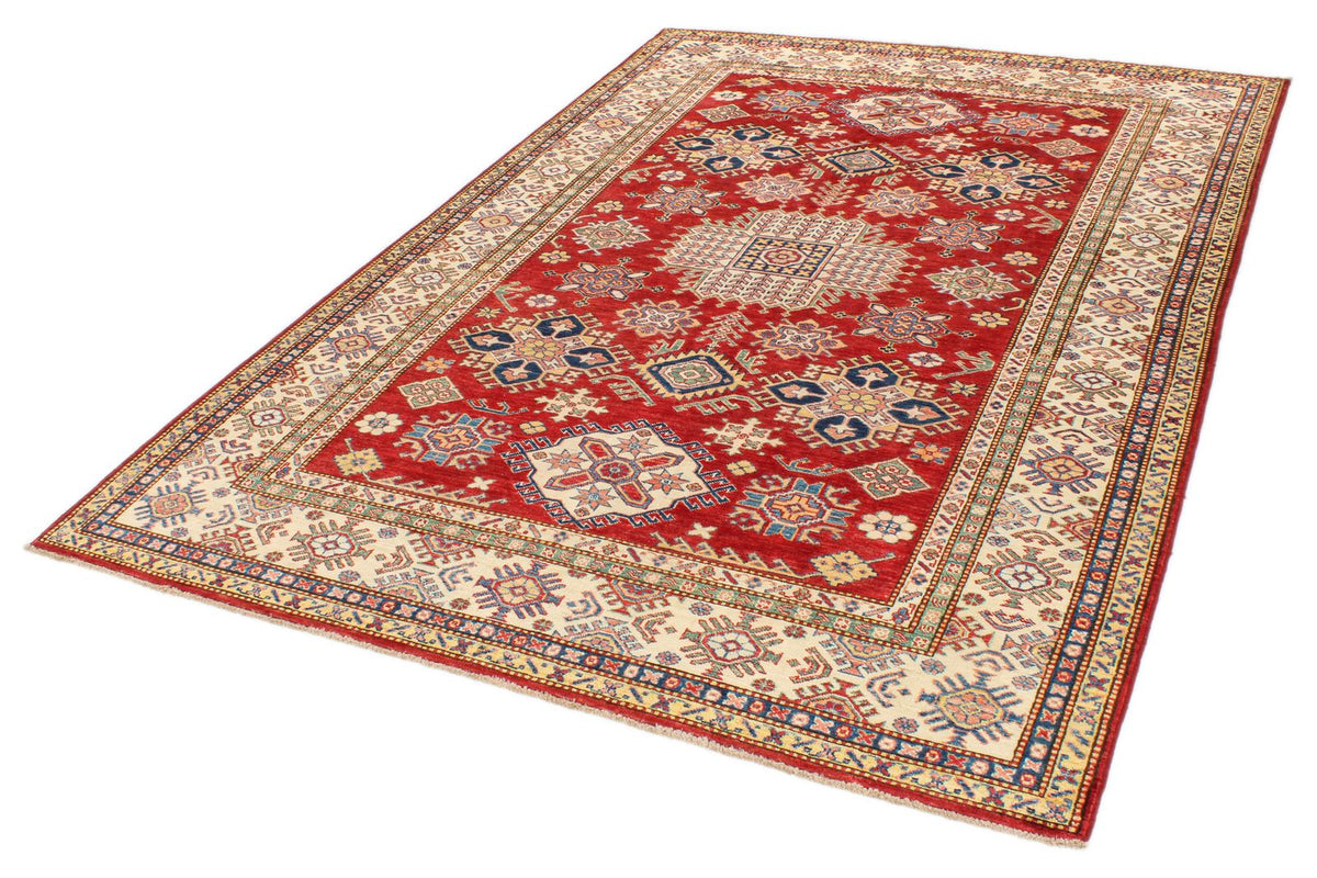 6x8 Red and Ivory Kazak Tribal Rug