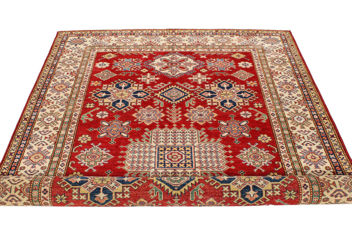 6x8 Red and Ivory Kazak Tribal Rug