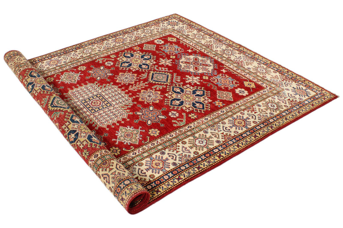 6x8 Red and Ivory Kazak Tribal Rug