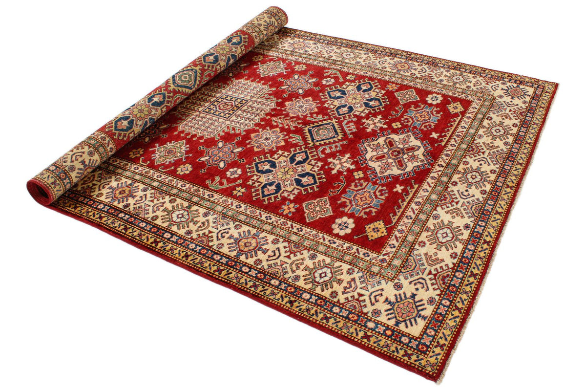 6x8 Red and Ivory Kazak Tribal Rug