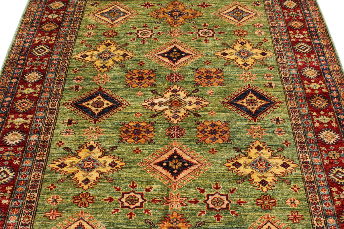 5x6 Green and Red Kazak Tribal Rug