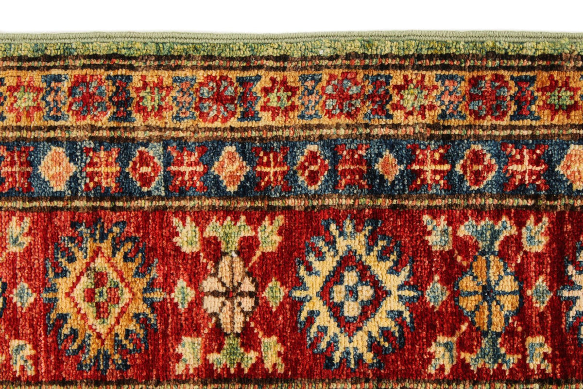 5x6 Green and Red Kazak Tribal Rug