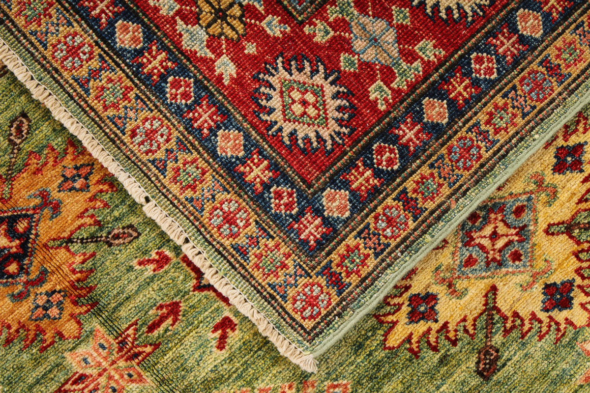 5x6 Green and Red Kazak Tribal Rug
