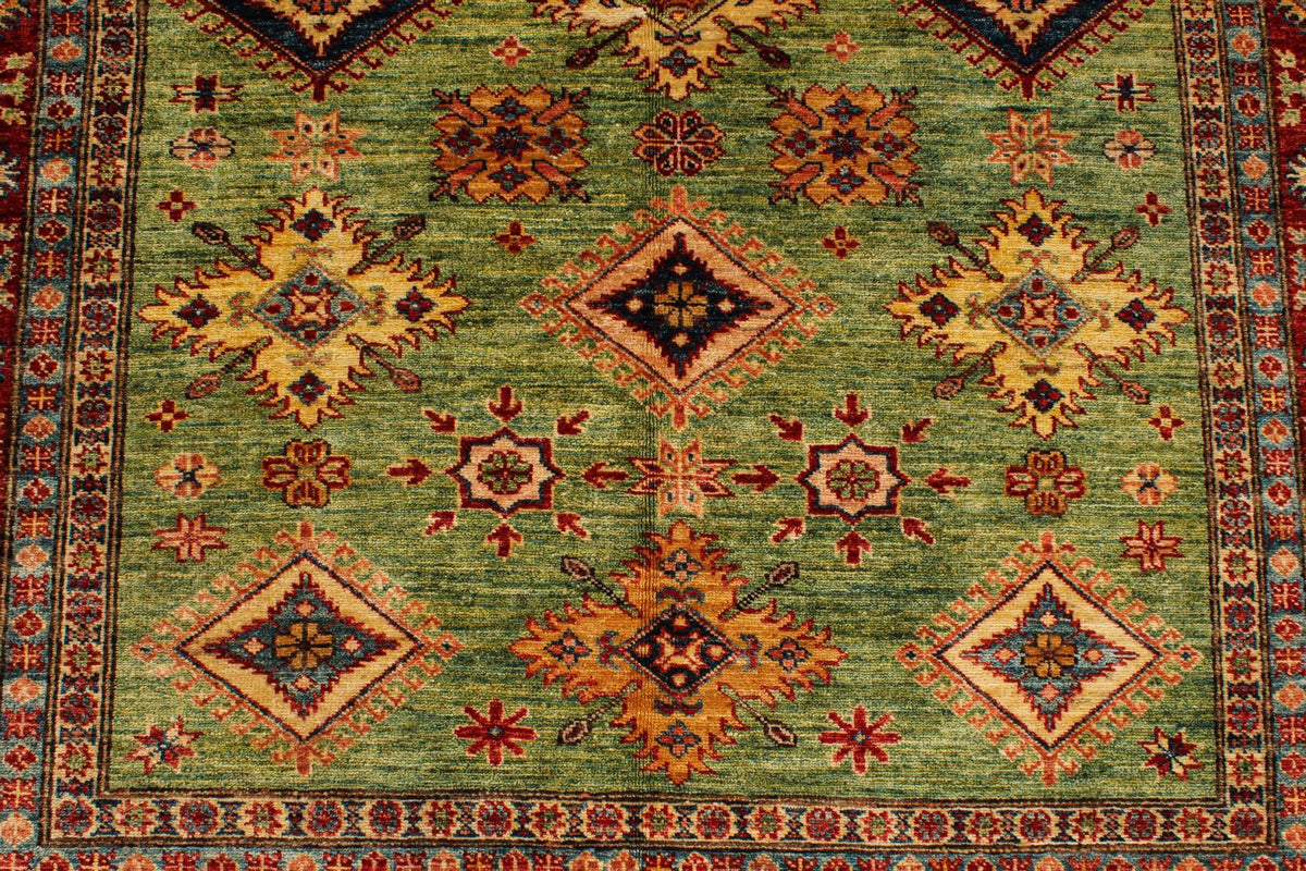 5x6 Green and Red Kazak Tribal Rug
