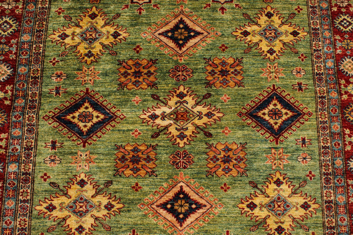 5x6 Green and Red Kazak Tribal Rug