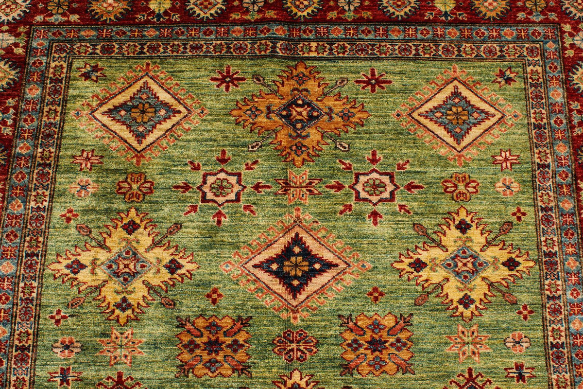 5x6 Green and Red Kazak Tribal Rug
