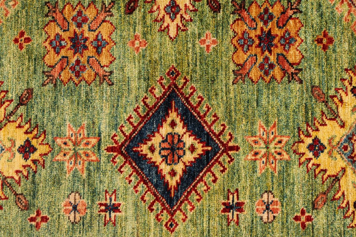 5x6 Green and Red Kazak Tribal Rug