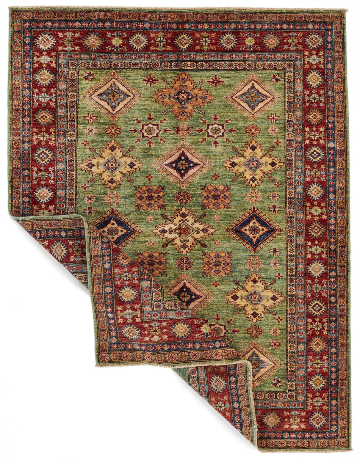 5x6 Green and Red Kazak Tribal Rug