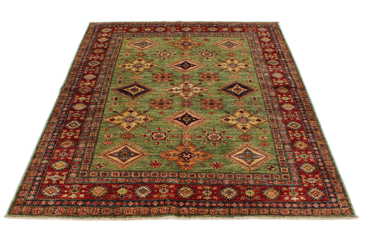 5x6 Green and Red Kazak Tribal Rug