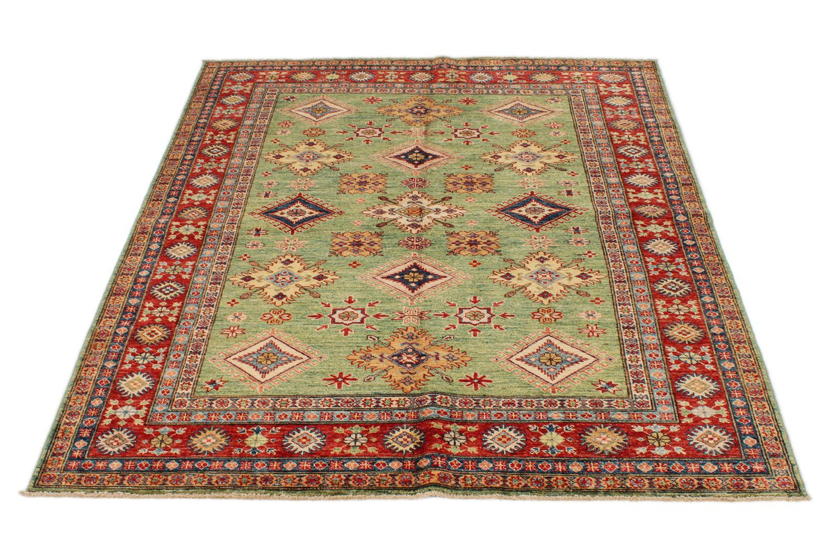 5x6 Green and Red Kazak Tribal Rug