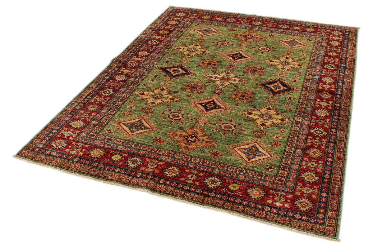 5x6 Green and Red Kazak Tribal Rug