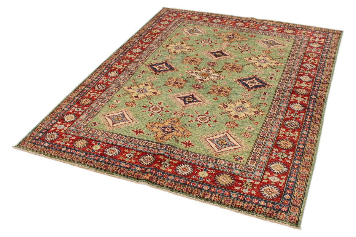 5x6 Green and Red Kazak Tribal Rug