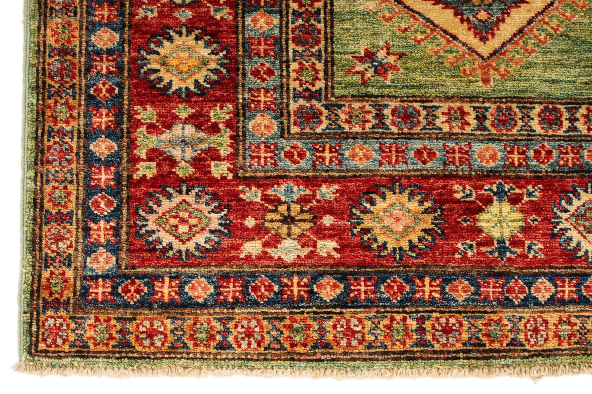 5x6 Green and Red Kazak Tribal Rug
