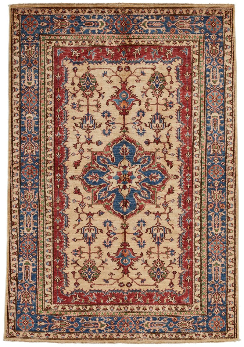 5x8 Ivory and Blue Kazak Tribal Rug