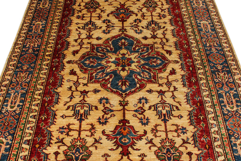 5x8 Ivory and Blue Kazak Tribal Rug