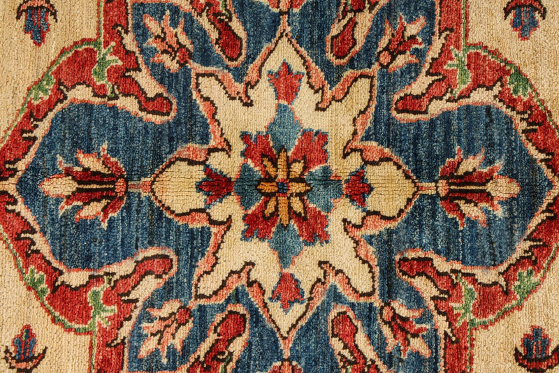 5x8 Ivory and Blue Kazak Tribal Rug