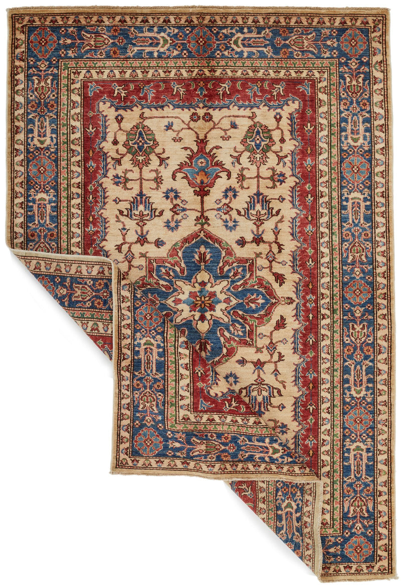 5x8 Ivory and Blue Kazak Tribal Rug