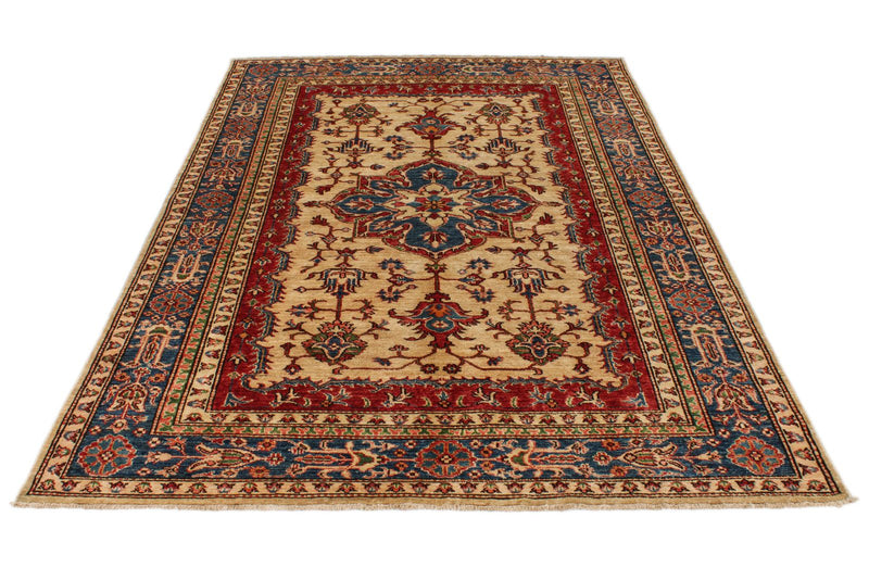 5x8 Ivory and Blue Kazak Tribal Rug