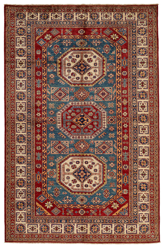 5x8 Green and Ivory Kazak Tribal Rug