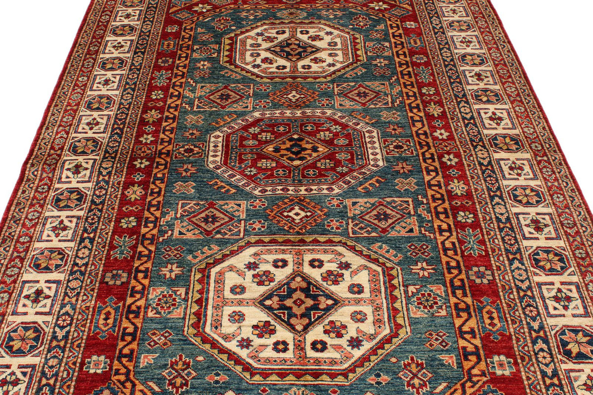5x8 Green and Ivory Kazak Tribal Rug