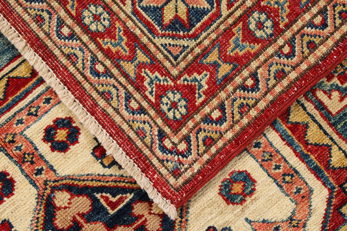 5x8 Green and Ivory Kazak Tribal Rug
