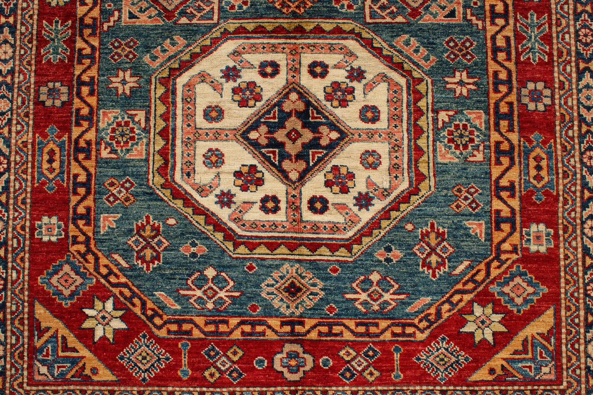 5x8 Green and Ivory Kazak Tribal Rug