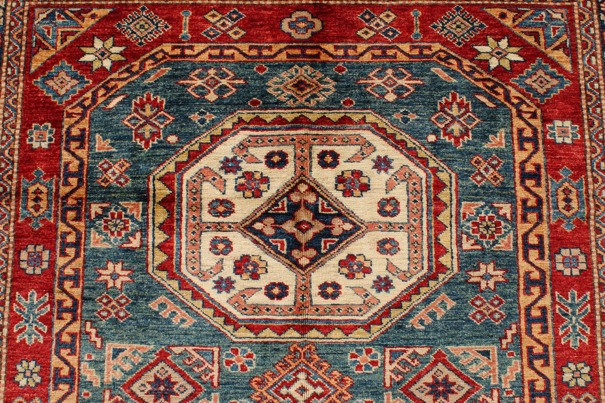 5x8 Green and Ivory Kazak Tribal Rug