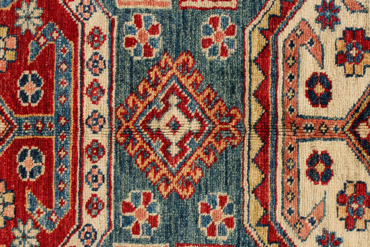 5x8 Green and Ivory Kazak Tribal Rug