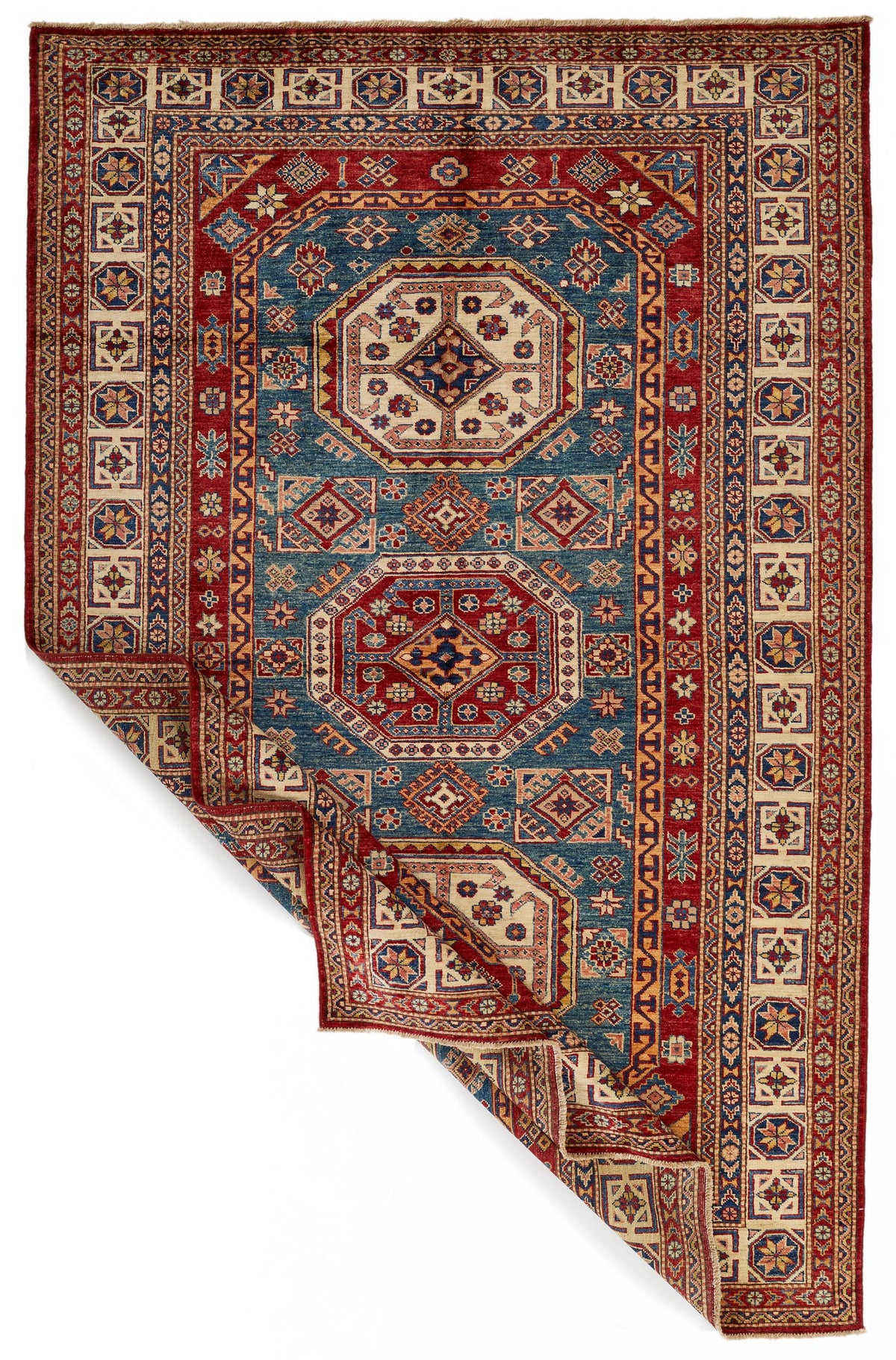 5x8 Green and Ivory Kazak Tribal Rug