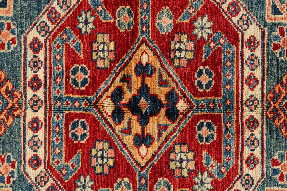 5x8 Green and Ivory Kazak Tribal Rug