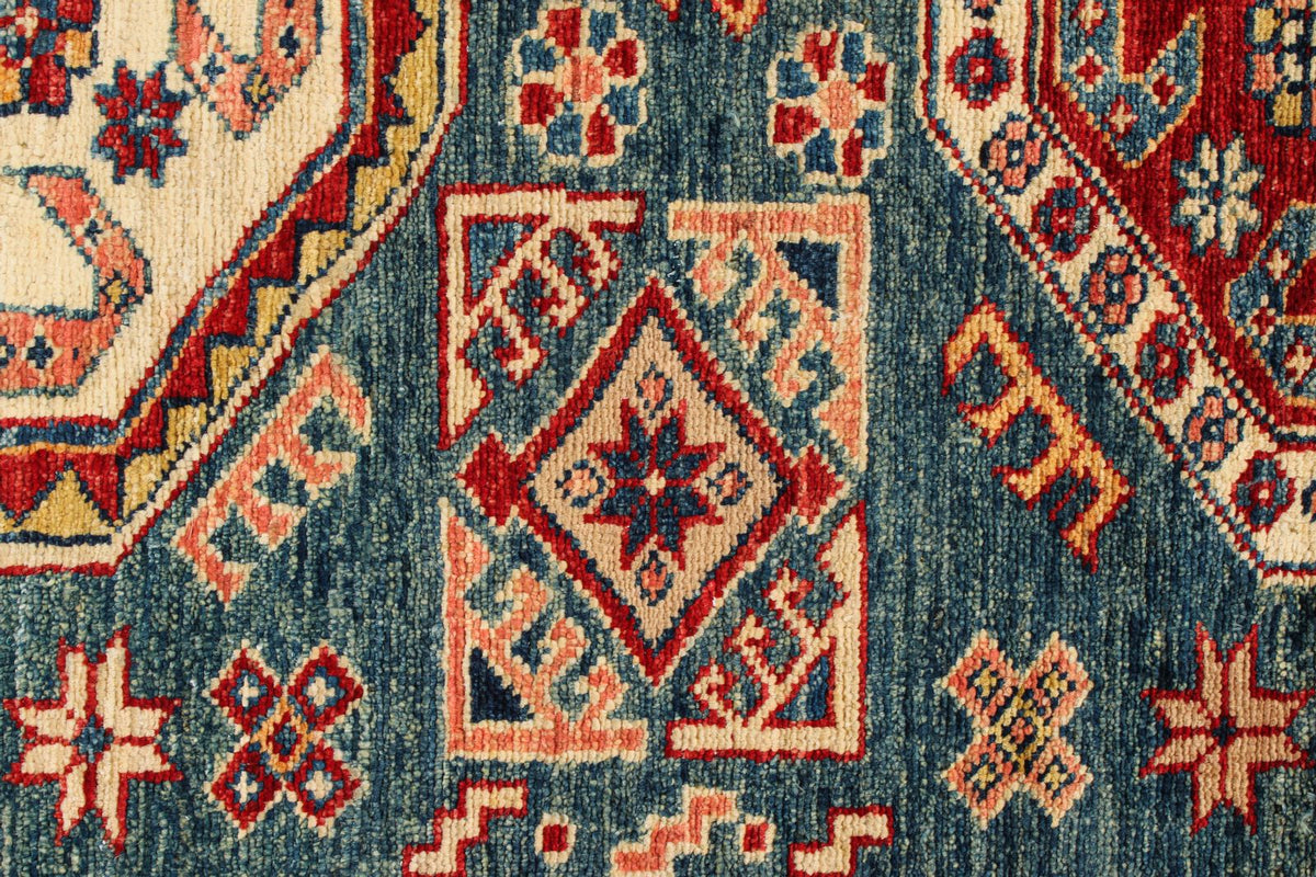 5x8 Green and Ivory Kazak Tribal Rug