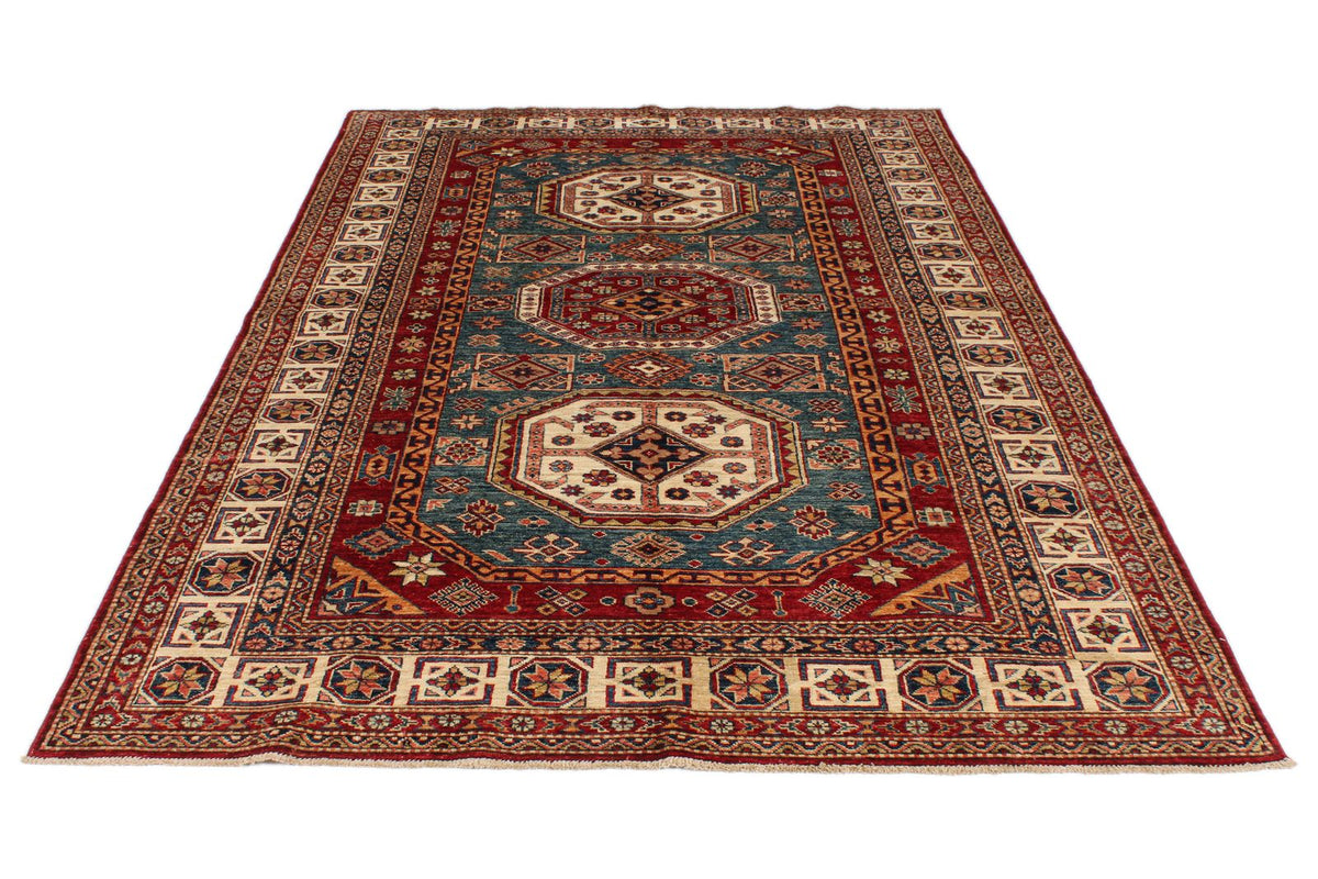 5x8 Green and Ivory Kazak Tribal Rug