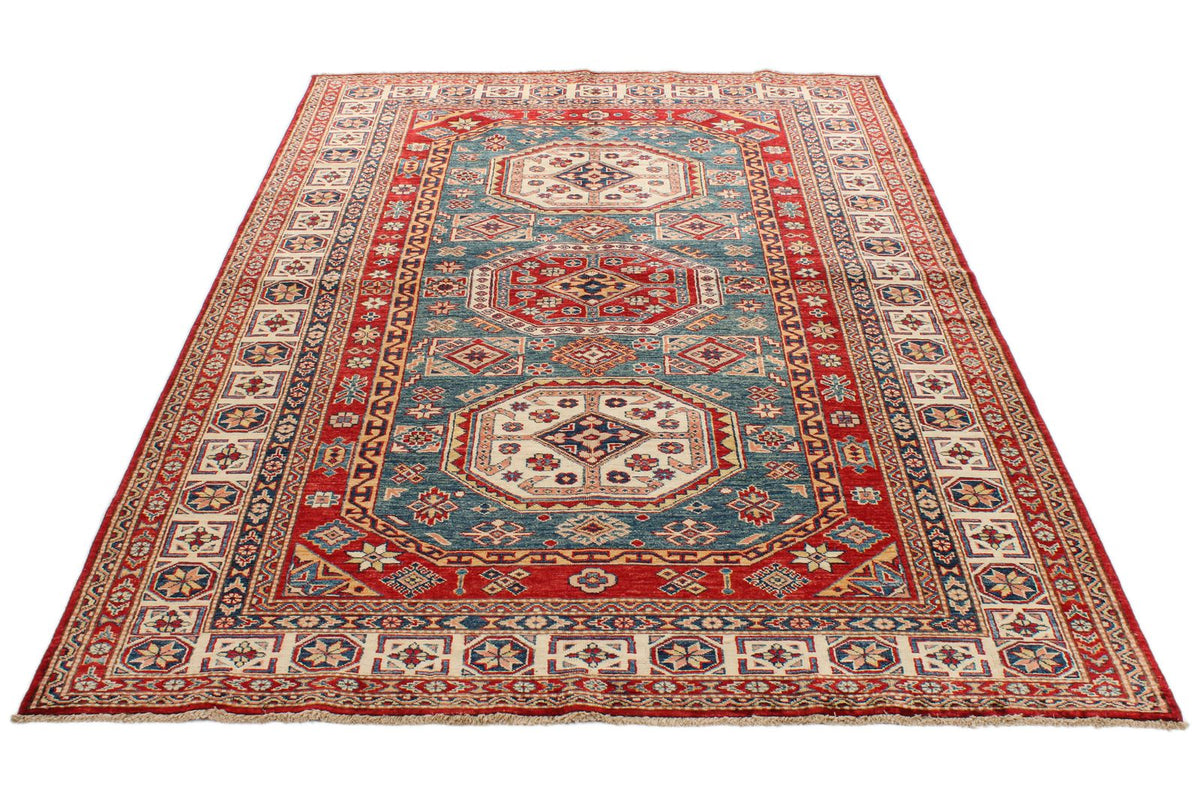 5x8 Green and Ivory Kazak Tribal Rug